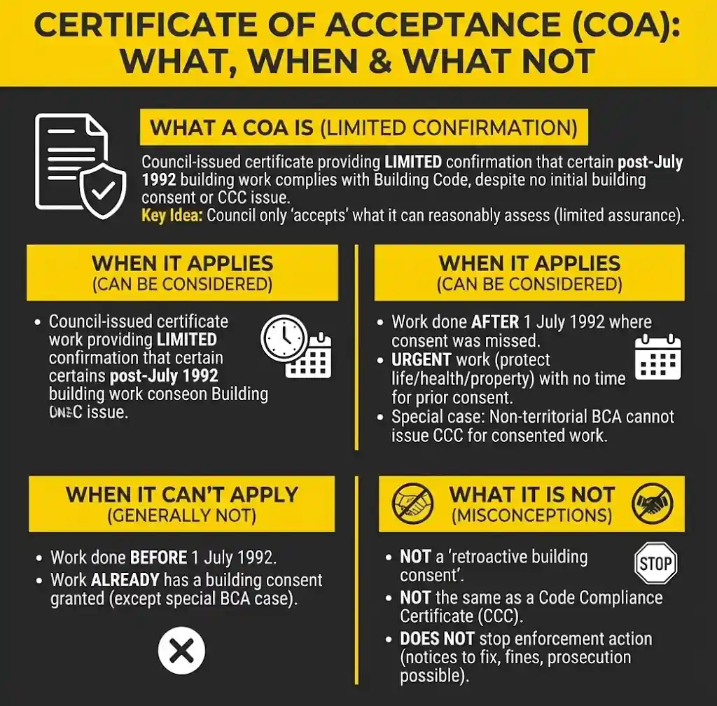 Certificate of Acceptance guidance explaining when CoA applies and what it is not