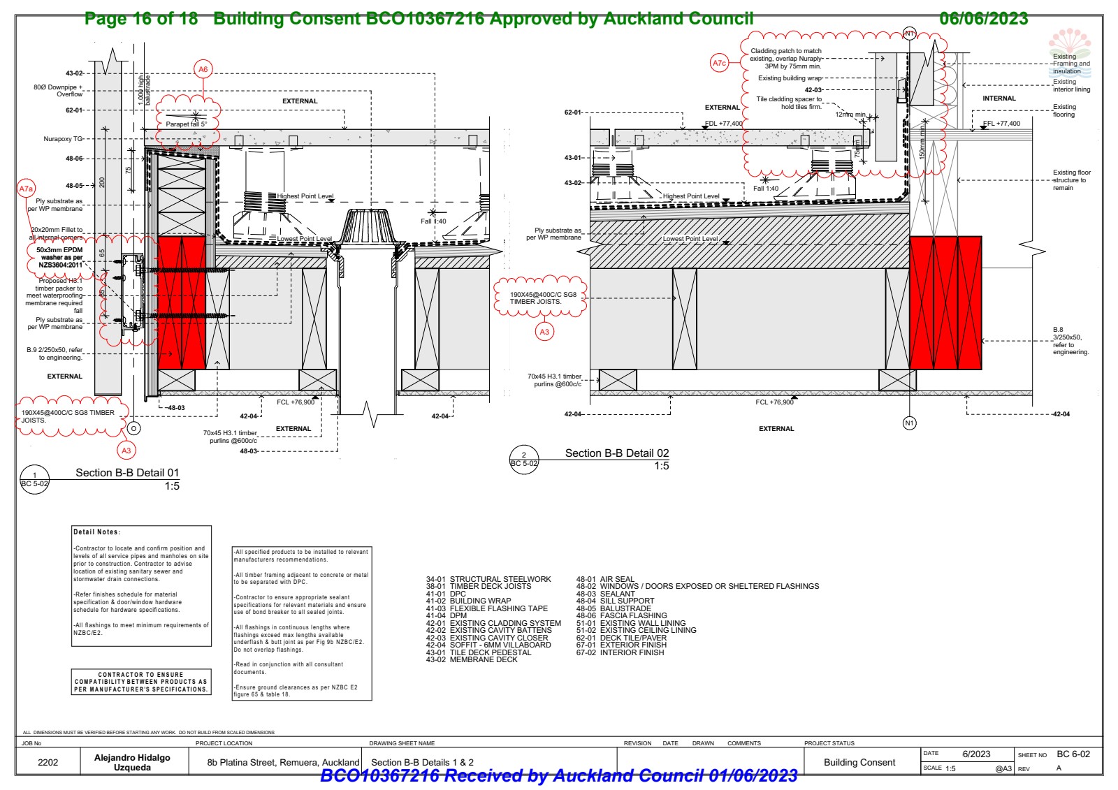 Section B-B details showing balustrade barrier design, structural fixing, and membrane deck integration