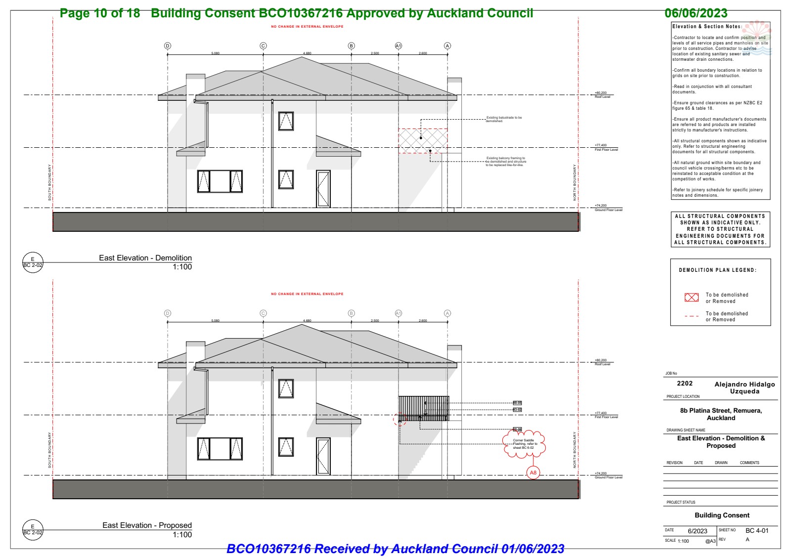 East elevation showing the balcony integration with existing dwelling, cladding lines, and structural levels