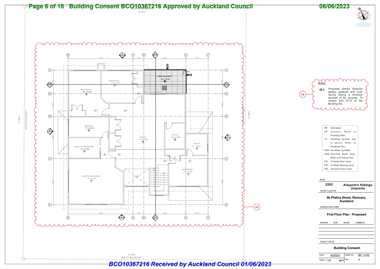 Proposed first floor plan showing the new balcony location and integration with existing dwelling