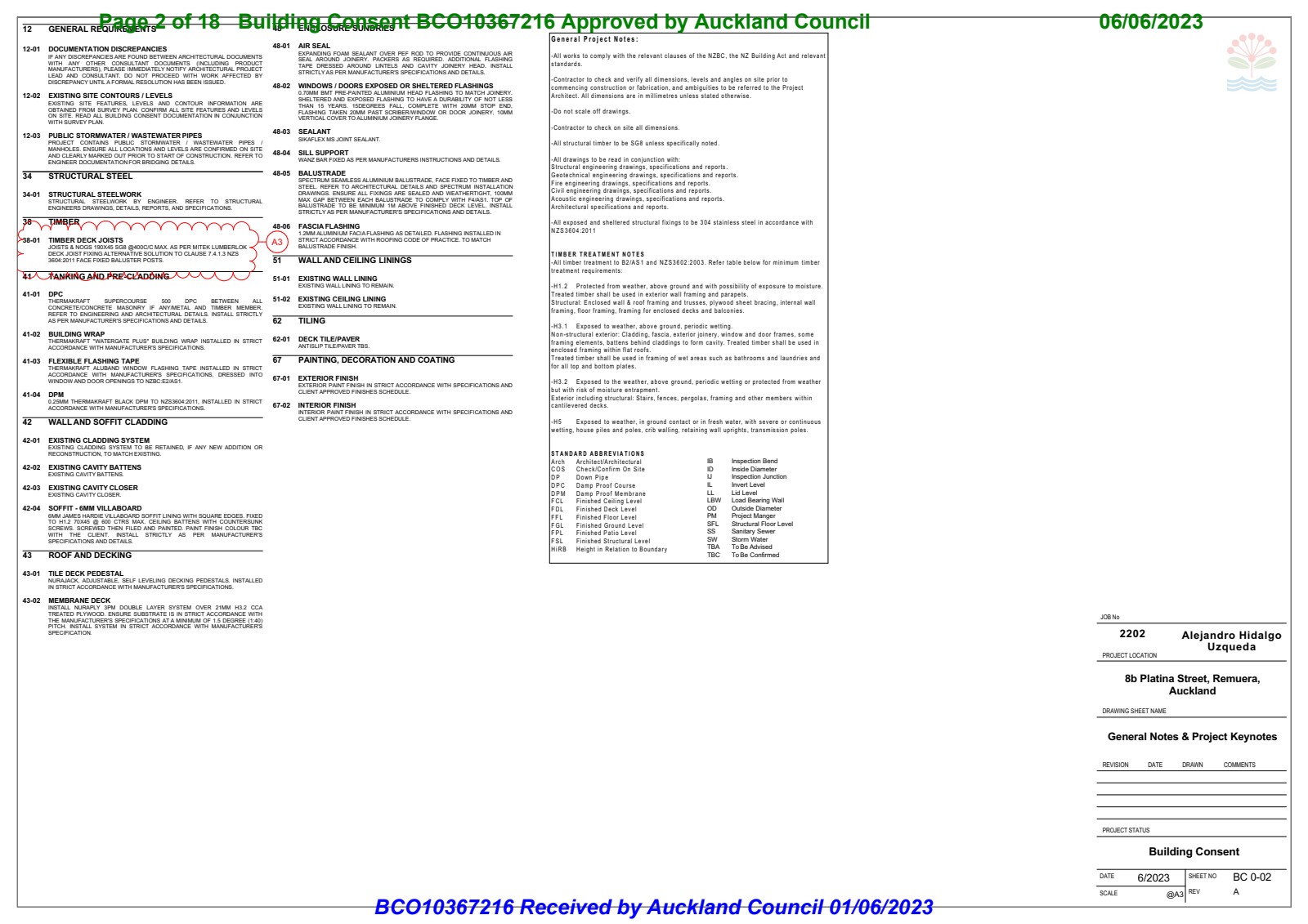 General notes and project keynotes page showing material specifications, compliance references, and construction requirements