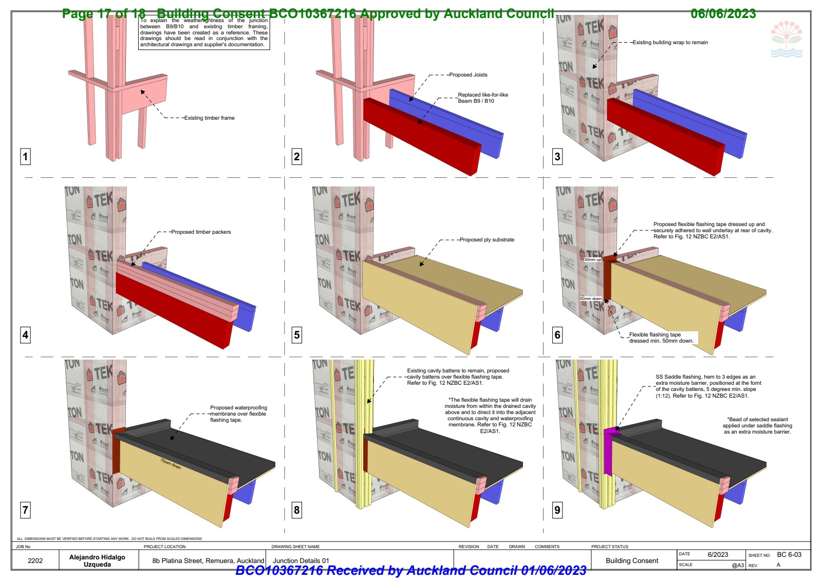 Balcony-to-wall junction detail showing weatherproofing membrane, flashing tape, and saddle flashing integration