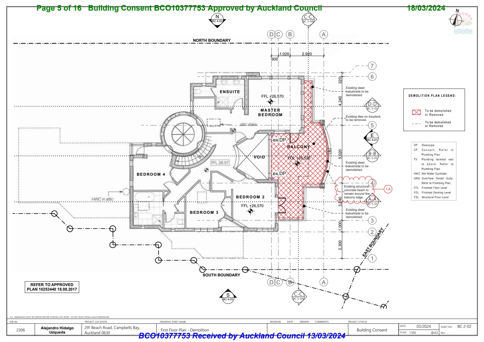 First Floor Demolition Plan — BC 2-02 showing existing balustrades and tiles to be removed