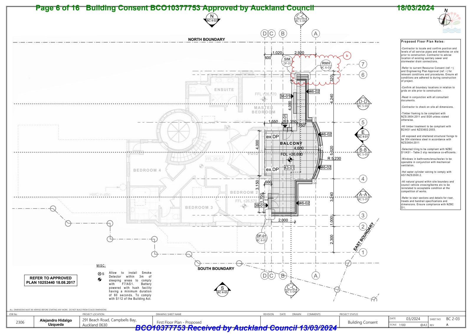 First Floor Proposed Plan — BC 2-03 showing new membrane deck, balustrade and drainage layout