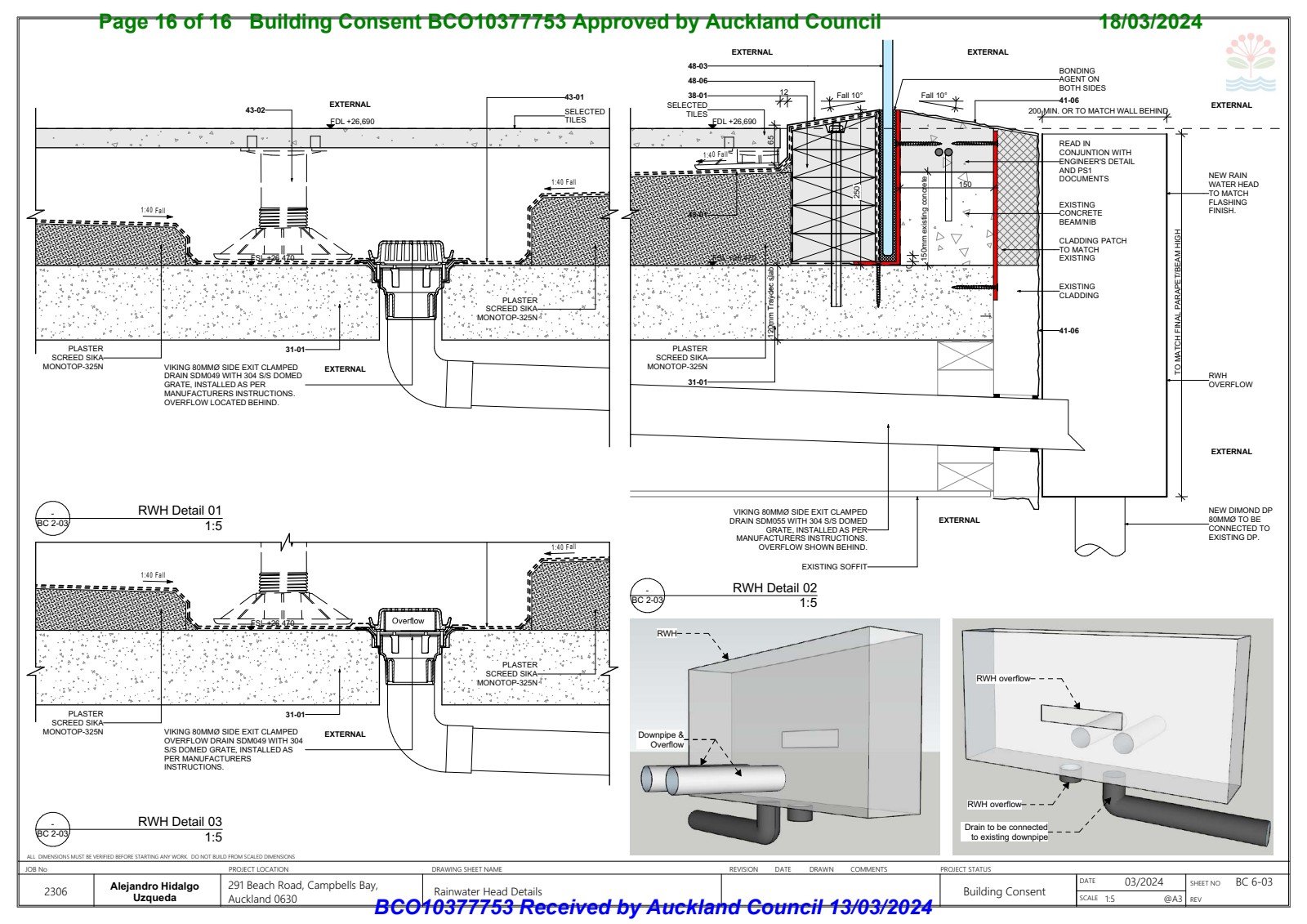 Rainwater Head Details — BC 6-03 showing drainage connections and overflow provisions