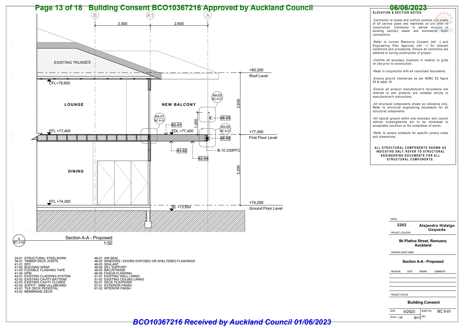 Building section A-A through the balcony showing structural support, membrane deck, and connection to existing dwelling