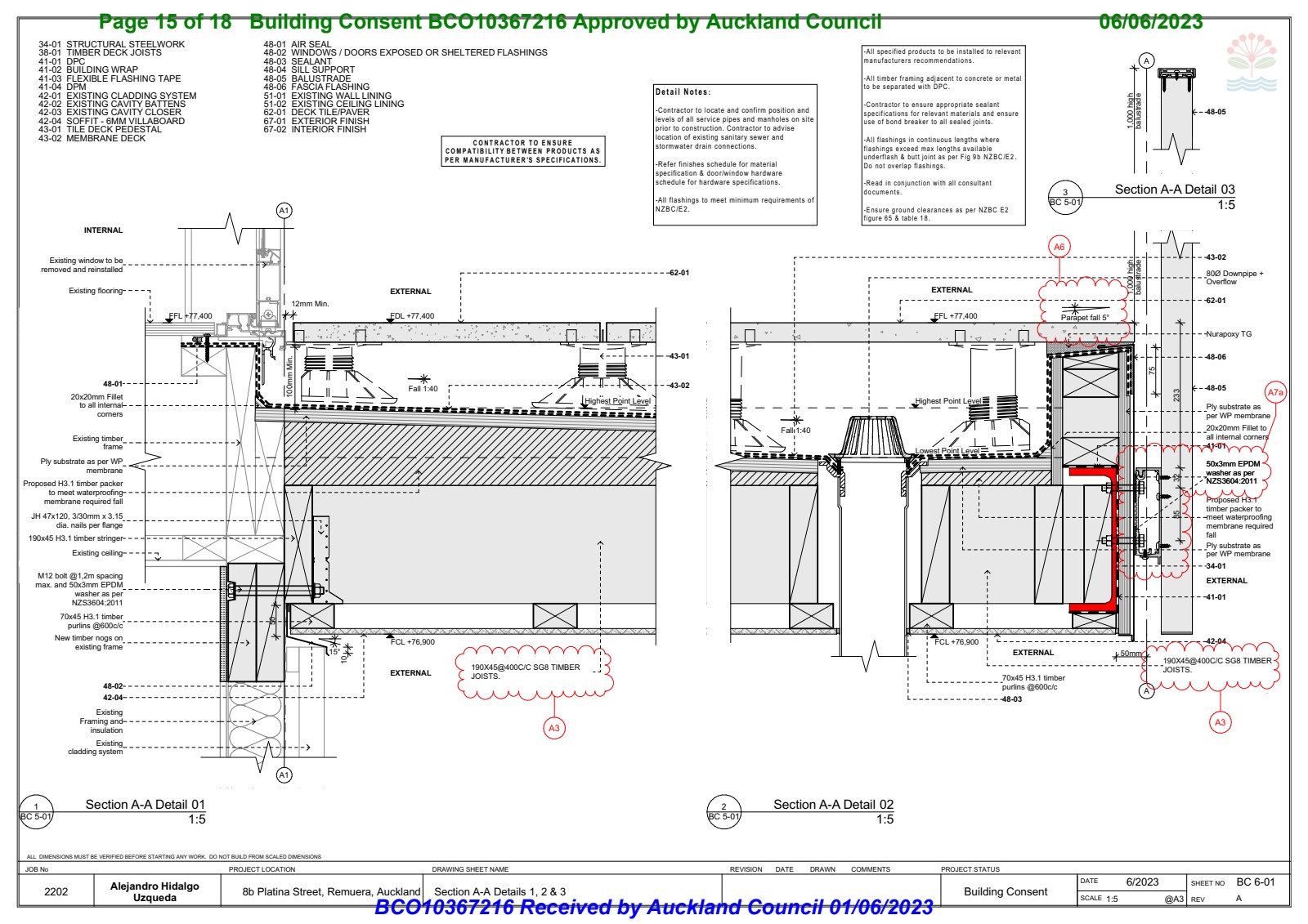 Door threshold and flashing detail showing membrane termination, fall directions, and waterproofing layers