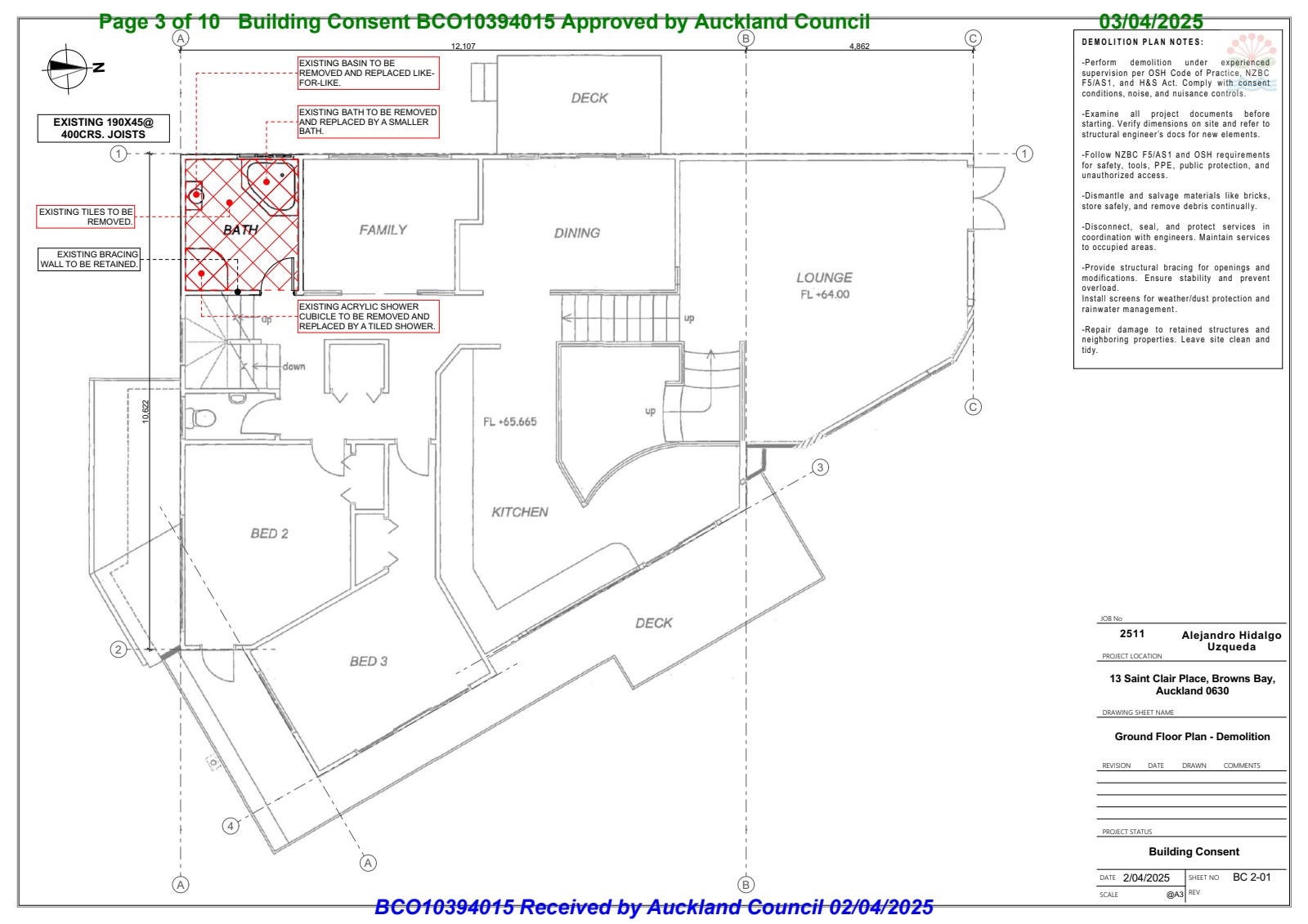 Demolition plan showing existing bathroom elements to be removed — acrylic shower, bath, tiles