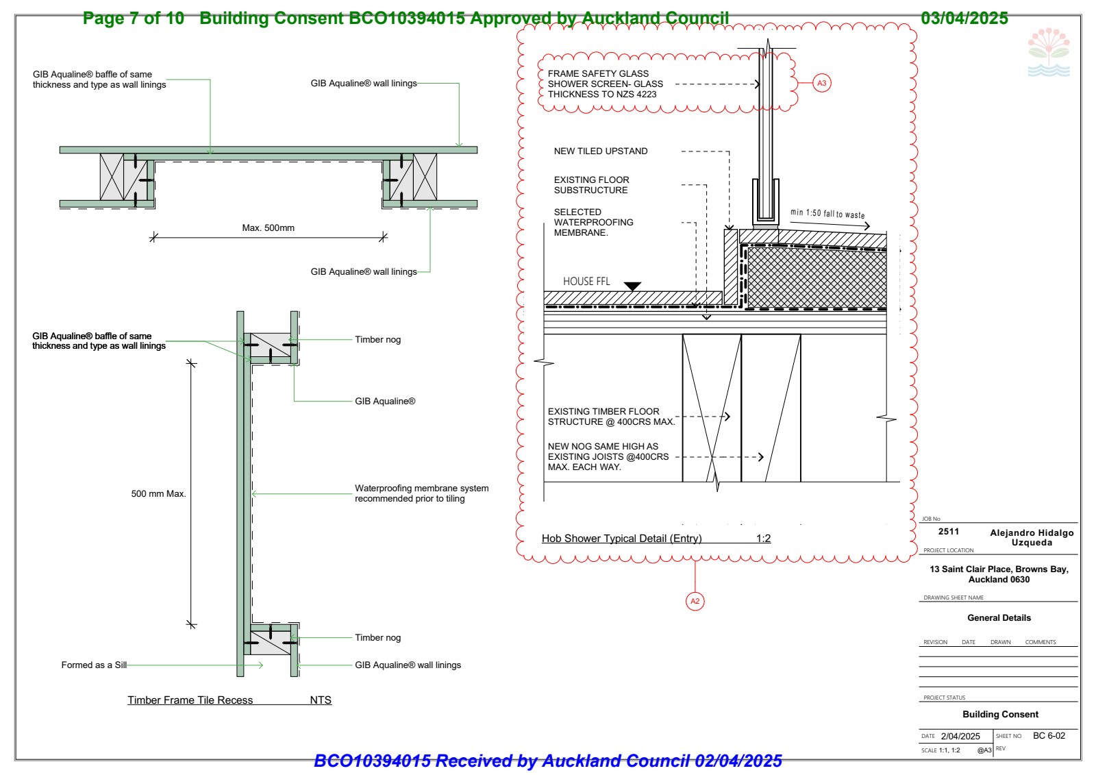 Hob shower typical detail and timber frame tile recess construction drawing