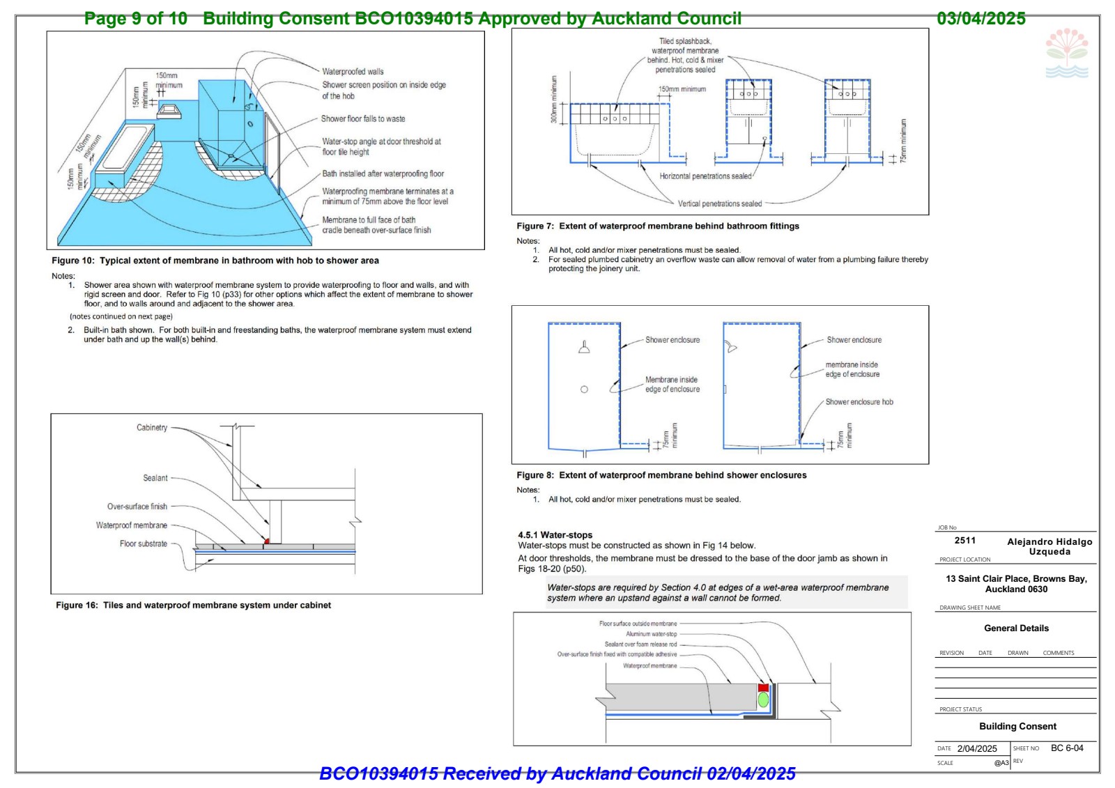 Extent of waterproof membrane diagrams showing coverage behind fixtures, shower enclosures, and at thresholds