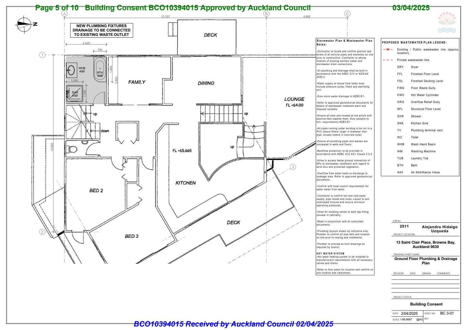 Ground floor plumbing and drainage plan showing waste connections, pipe falls, and fixture locations