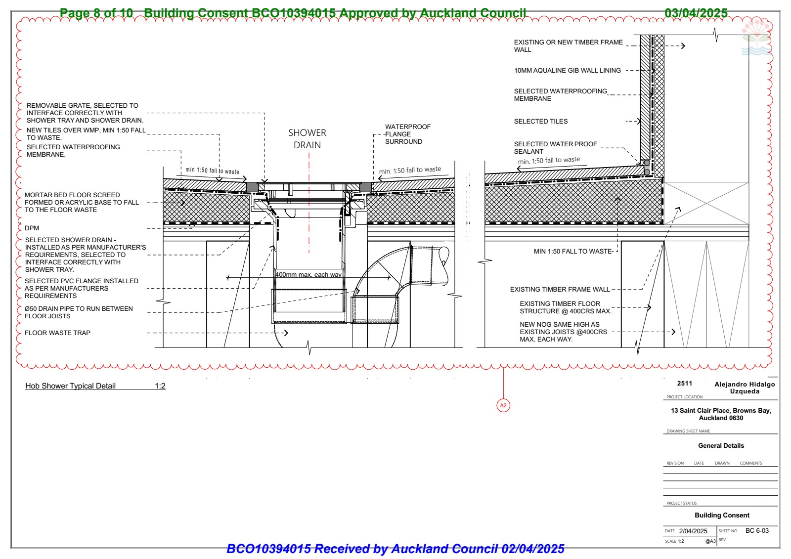Shower drain section detail showing fall to waste, membrane, and floor structure