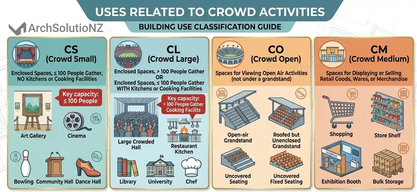 NZ Schedule 2 building use classification infographic for crowd activities