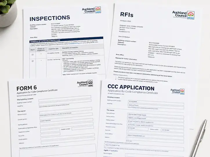Council inspection, RFI and CCC documents for building consent support