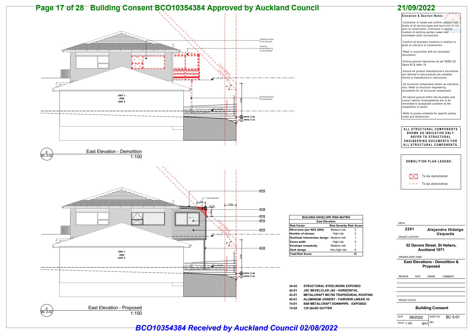 East elevation showing the extension's cladding, roofline, window placement, and building envelope risk matrix