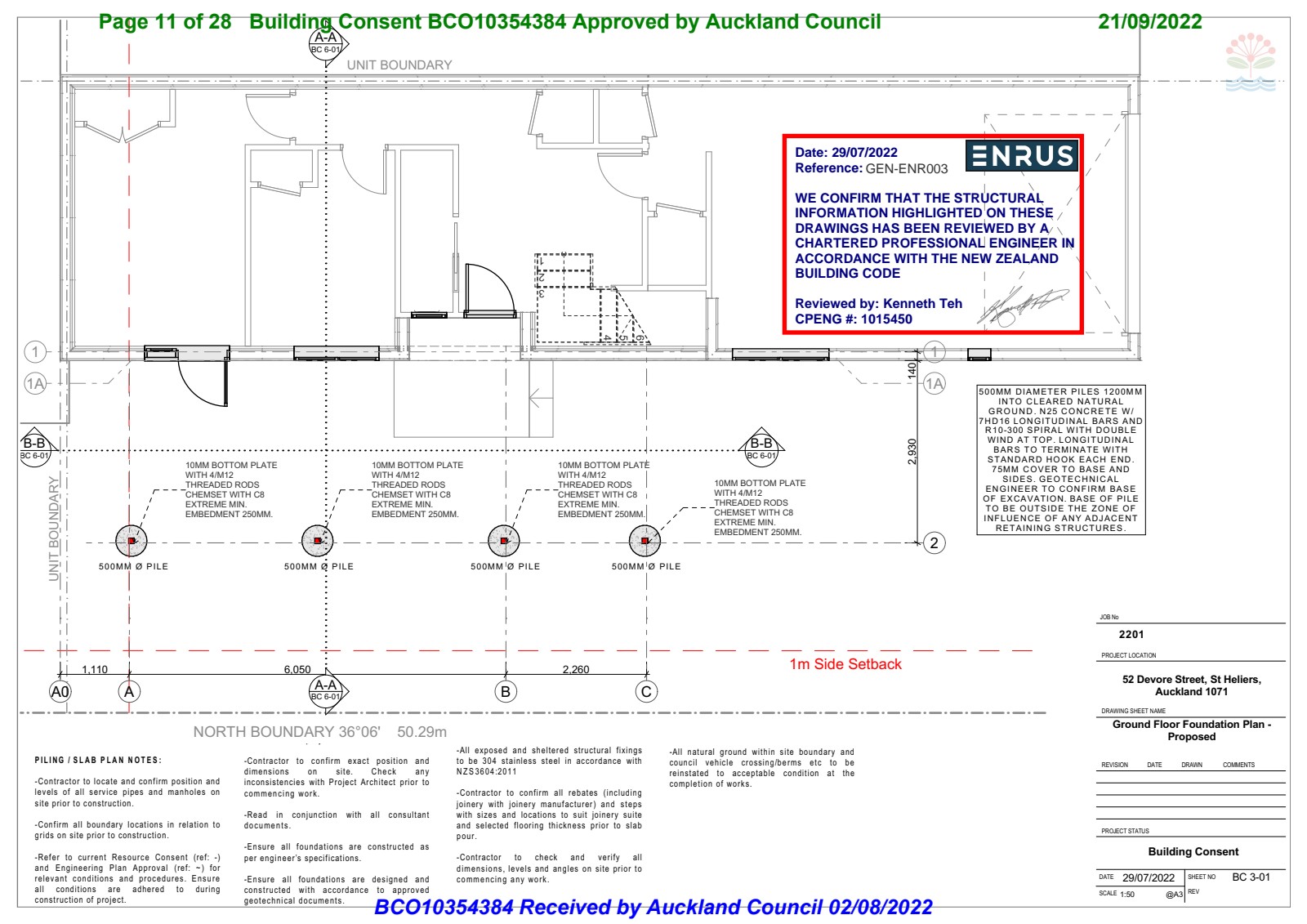 Ground floor foundation plan showing piling layout, slab connections, and structural engineering notes