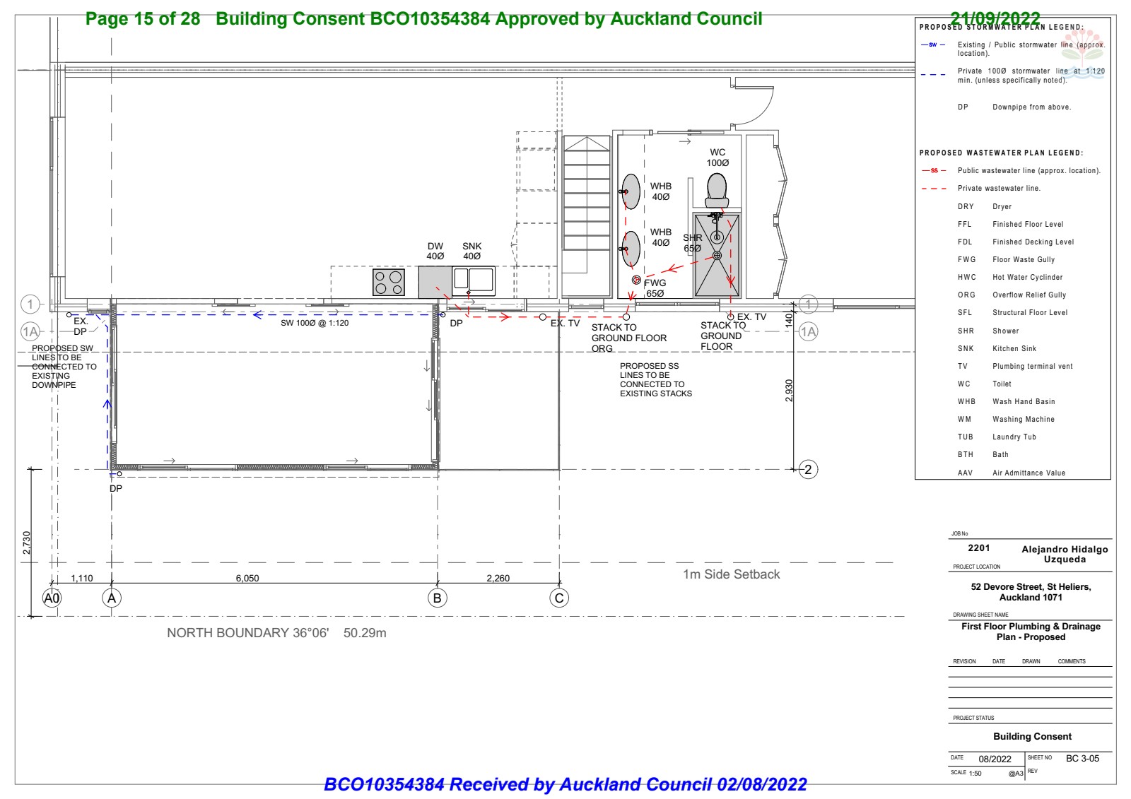 First floor plumbing and drainage plan showing waste connections, pipe falls, and fixture locations