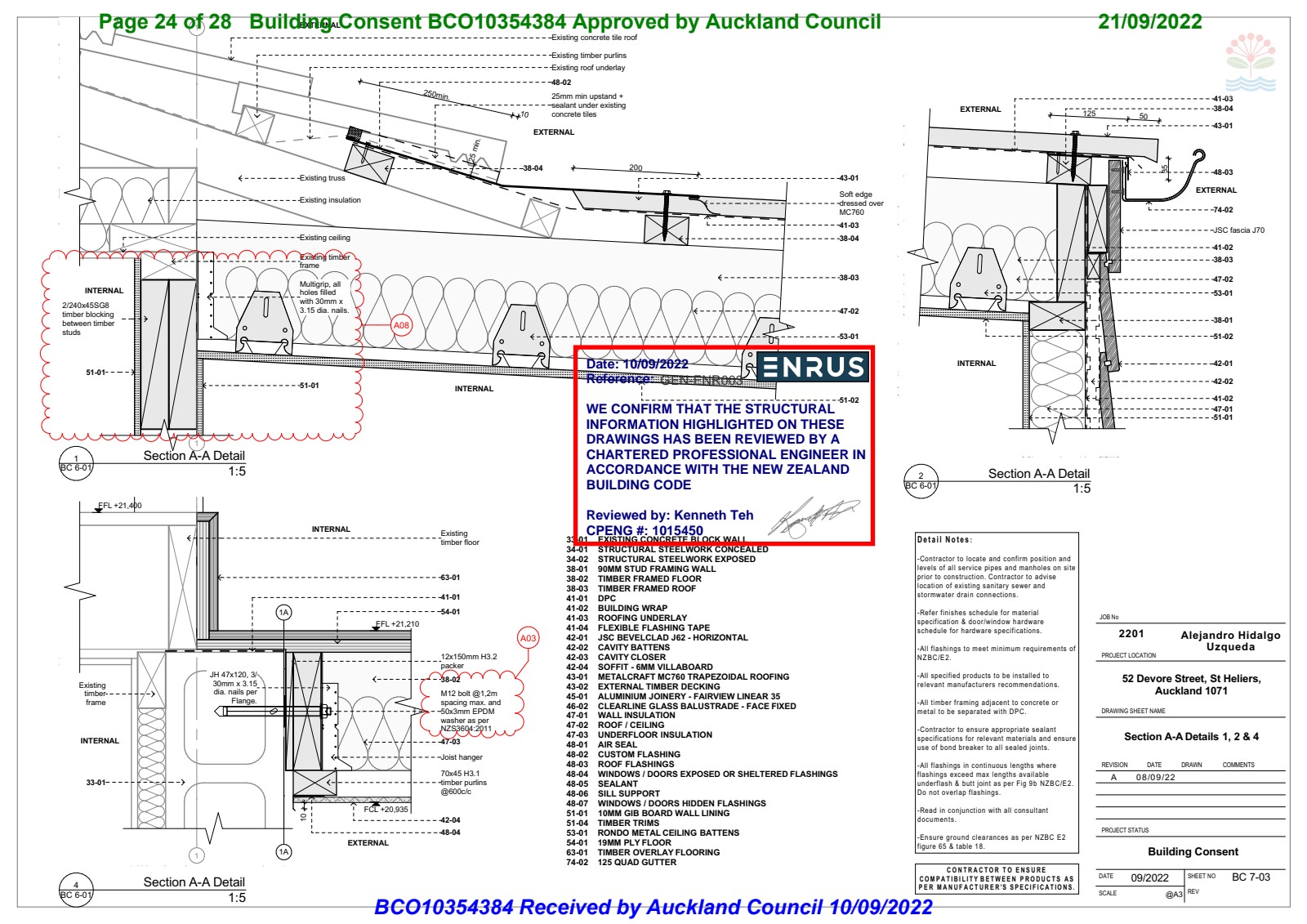 Wall and roof junction details showing flashing integration, weatherproofing, and structural connections