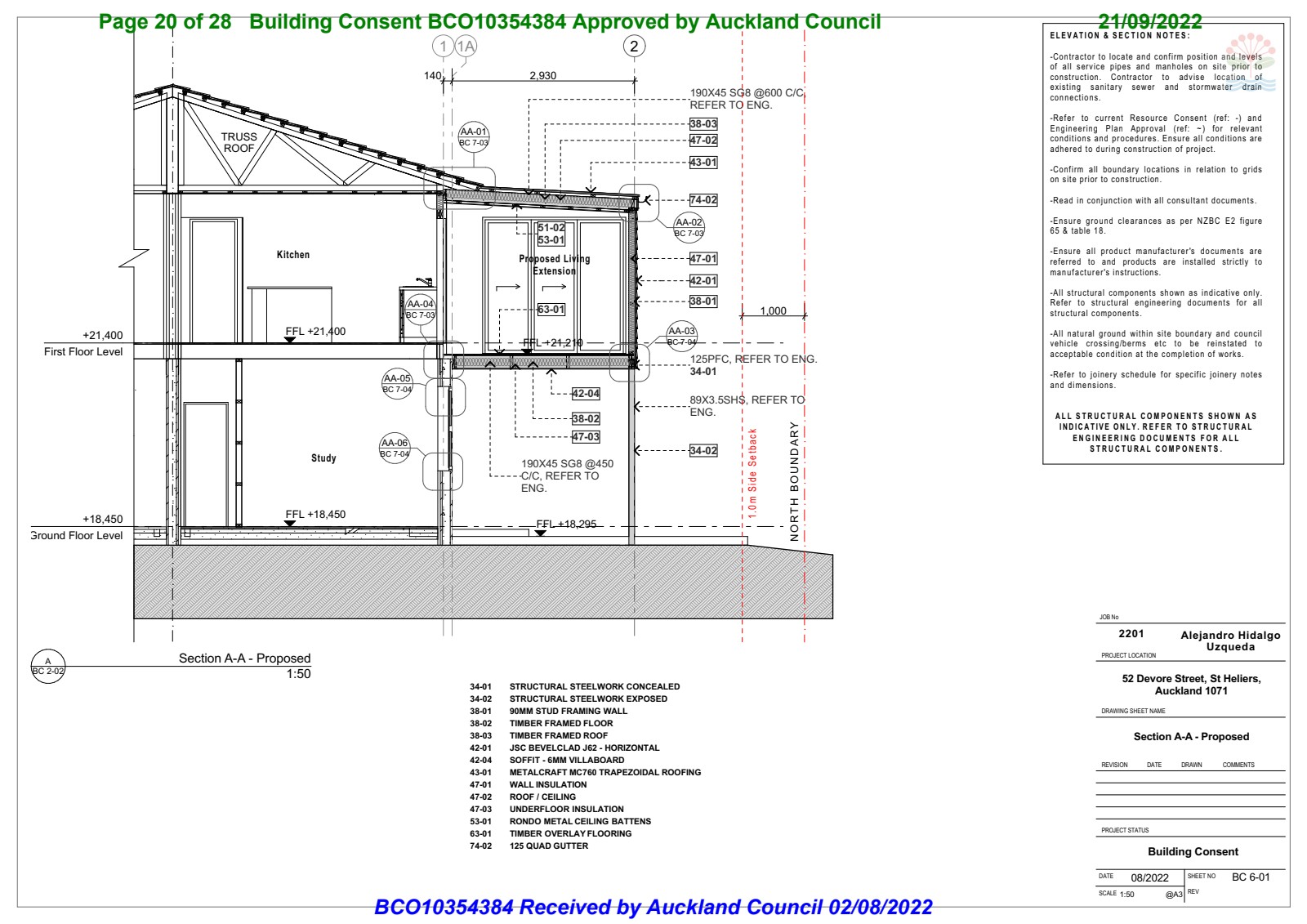 Building Section A-A through the extension showing structural integration with existing dwelling