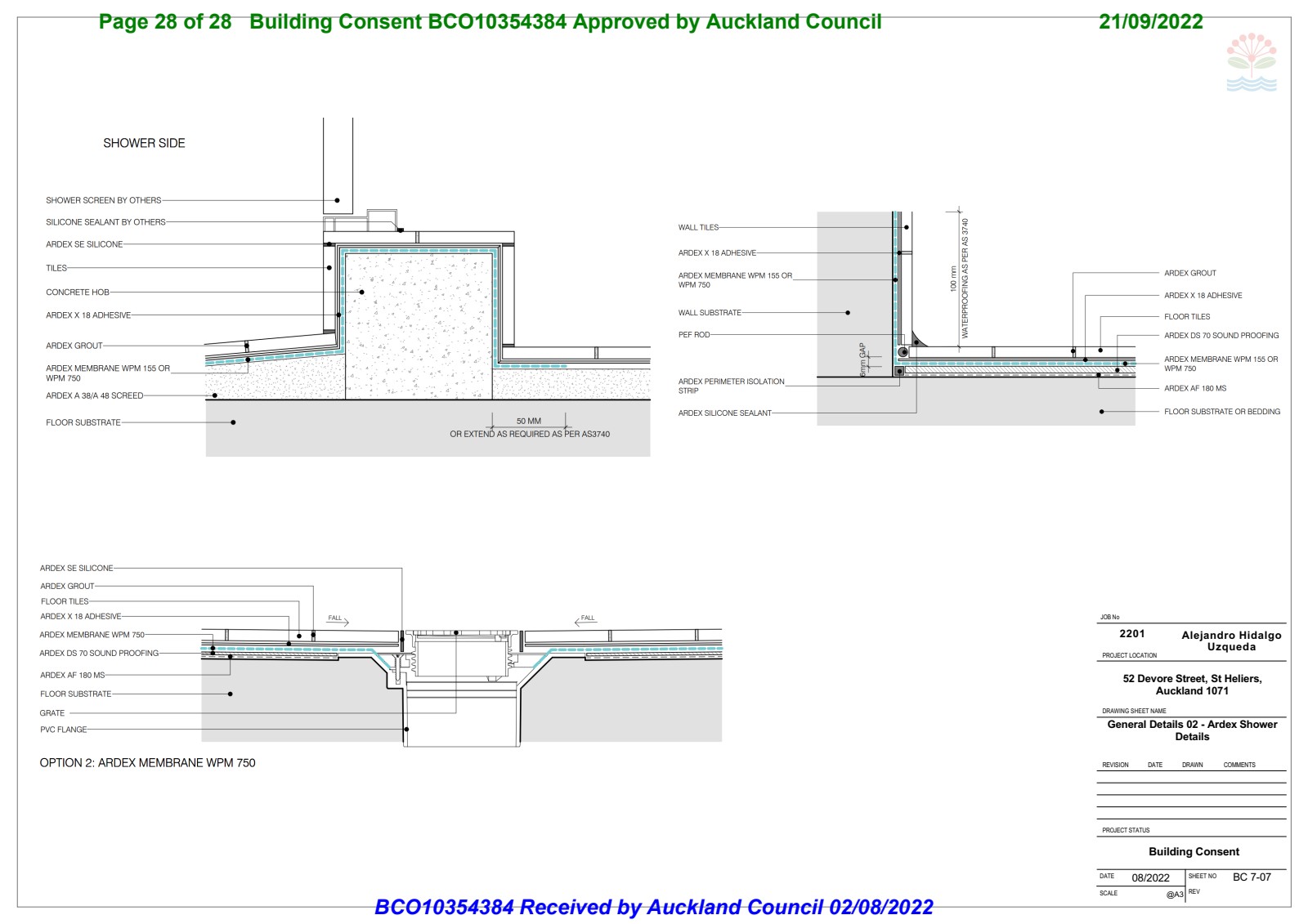 Ardex shower section details showing membrane system, hob detail, drainage, and waterproofing layers