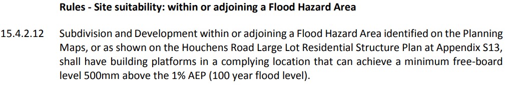 Waipa District Council flood hazard area rule showing minimum freeboard requirement of 500mm above 1% AEP flood level