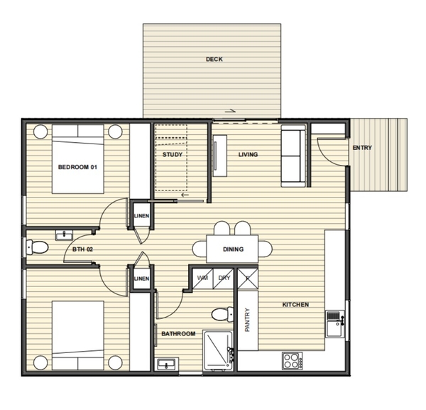70m2 granny flat floor plan with 2 bedrooms, study, bathroom and open-plan kitchen