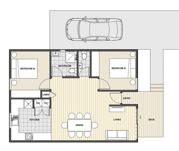 70m2 granny flat floor plan with 2 bedrooms, bathroom, kitchen and living area