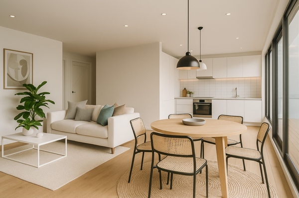Spacious 70m2 granny flat interior with open plan kitchen and living area