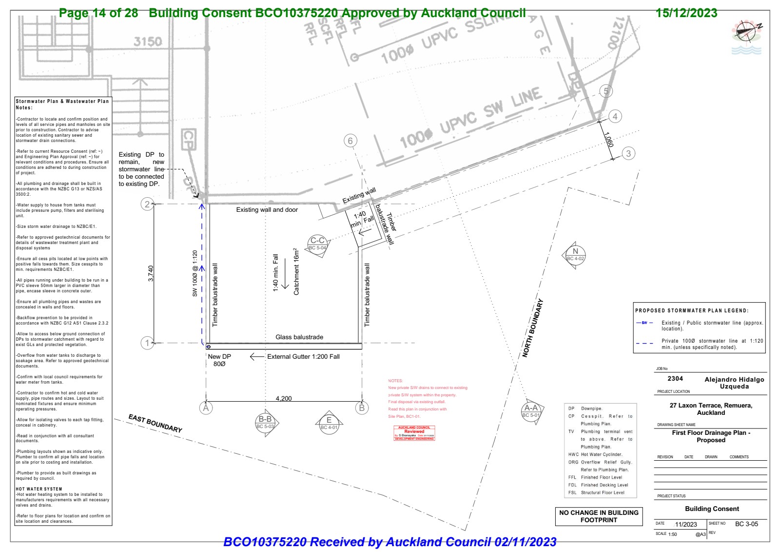 First Floor Drainage Plan — Proposed showing stormwater connections and falls