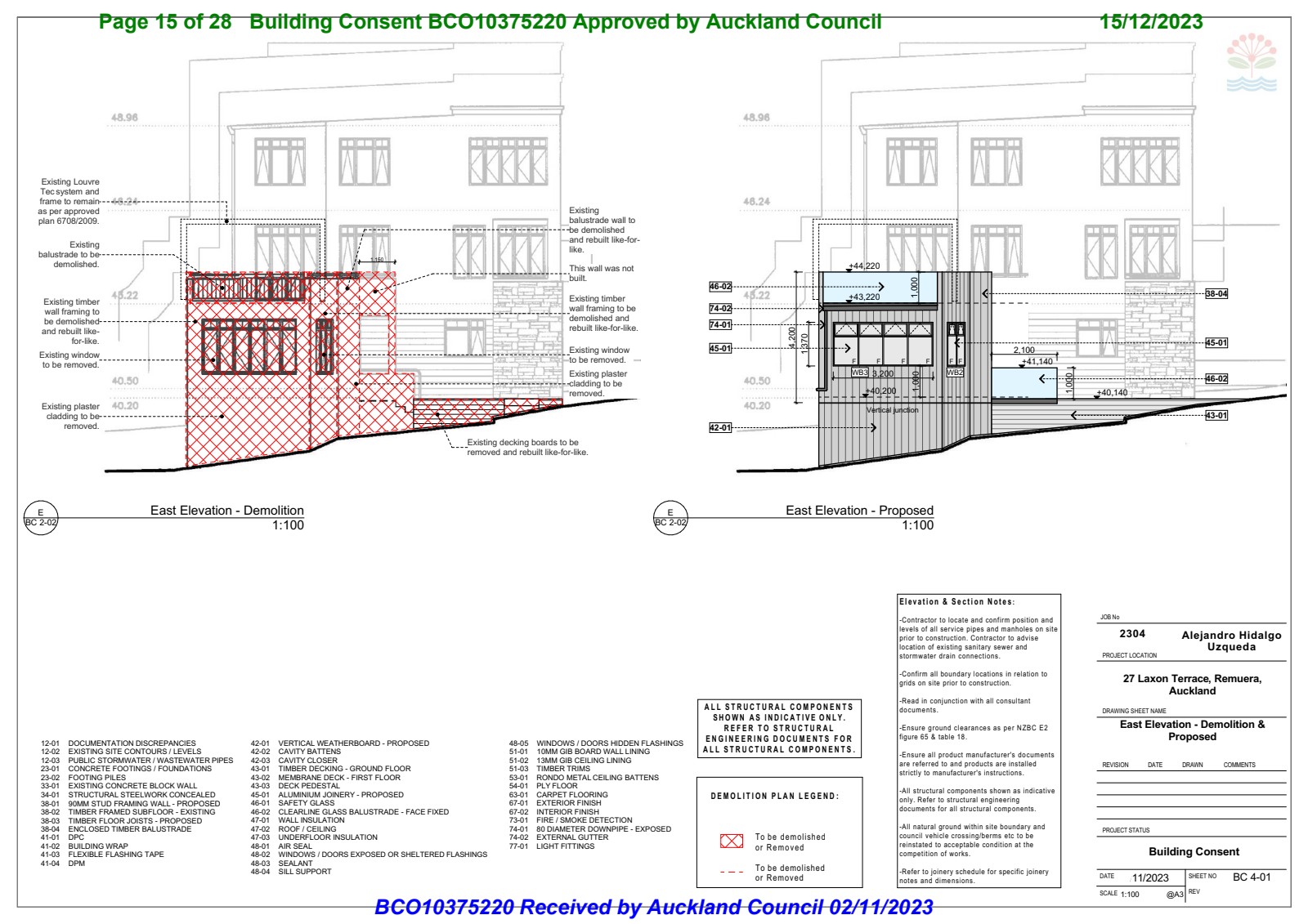 East Elevation — Demolition and Proposed views showing cladding replacement and balustrade upgrade