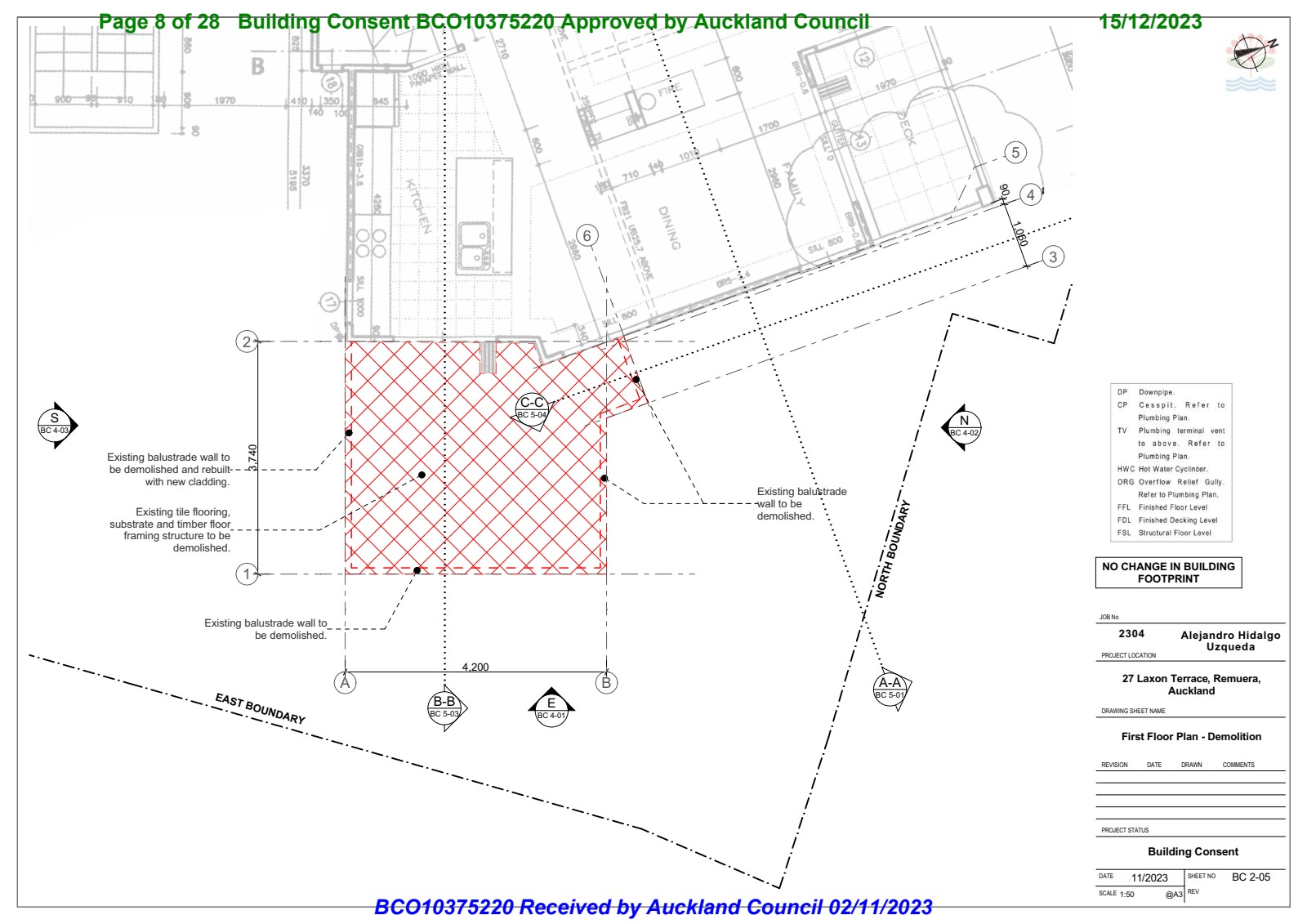 First Floor Demolition Plan — BC 2-05 showing balustrade and cladding demolition