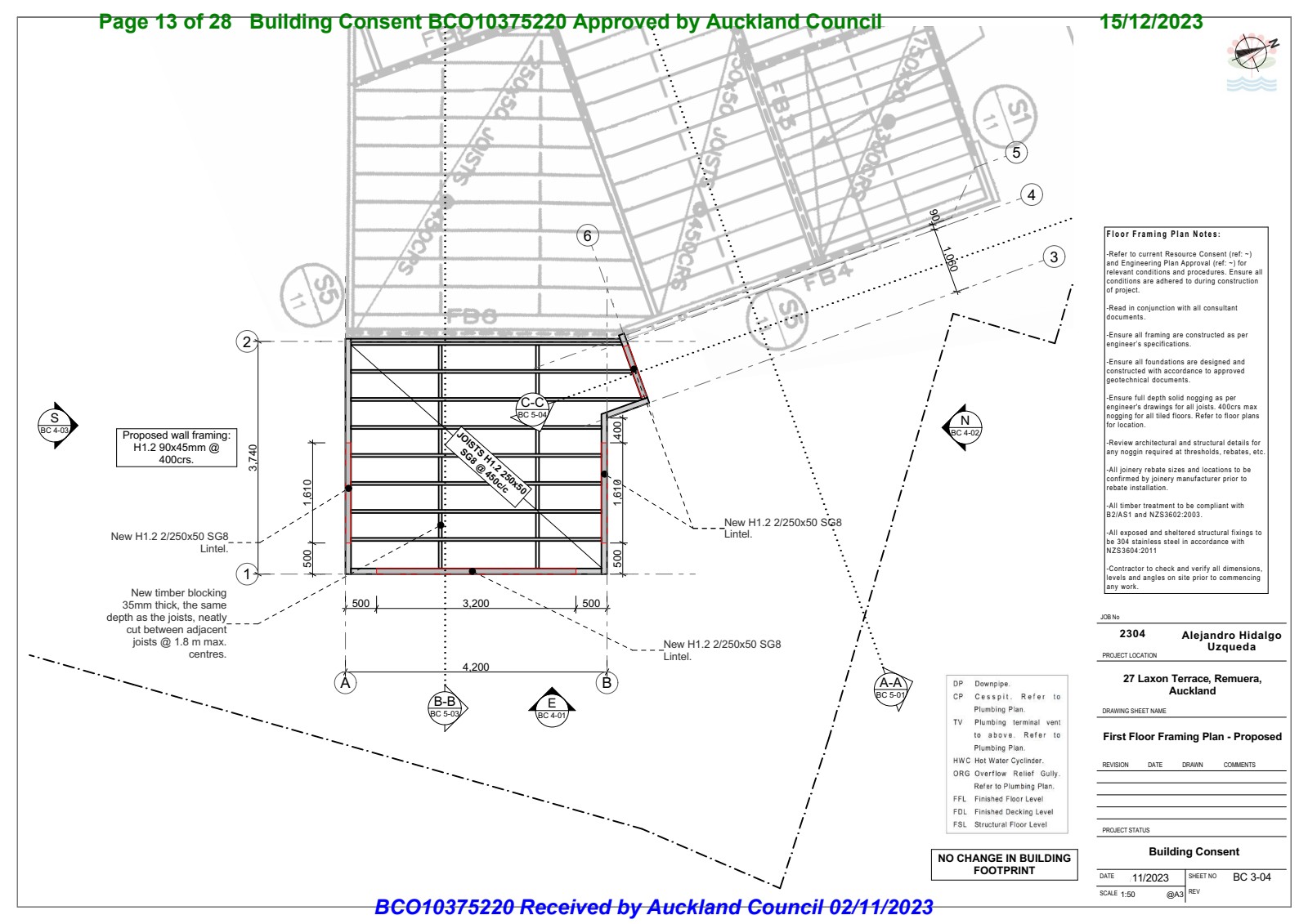 First Floor Framing Plan — Proposed, showing new H1.2 SG8 timber joists and framing to NZS 3604