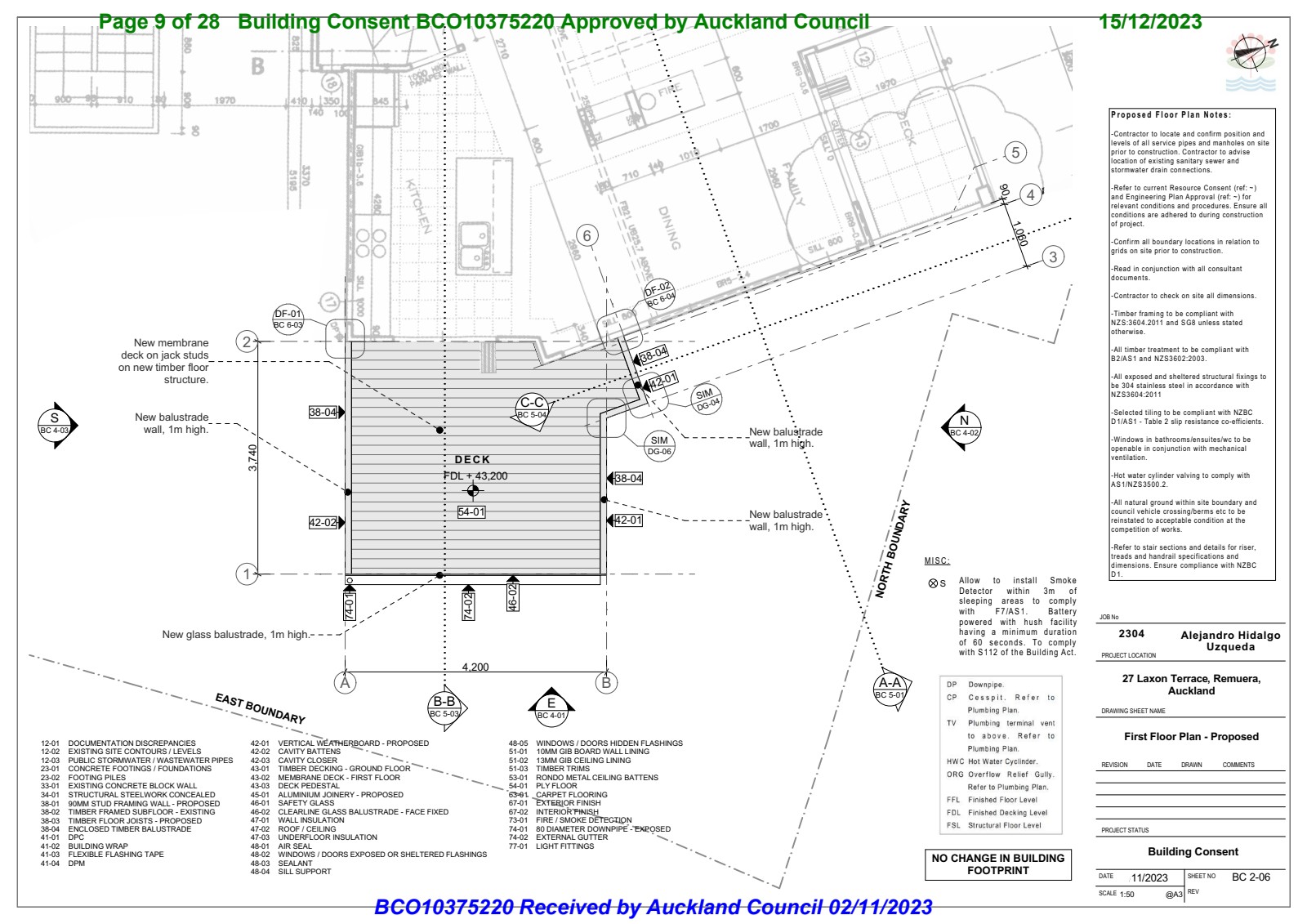 First Floor Plan — Proposed showing deck layout, glass balustrade, and membrane extent