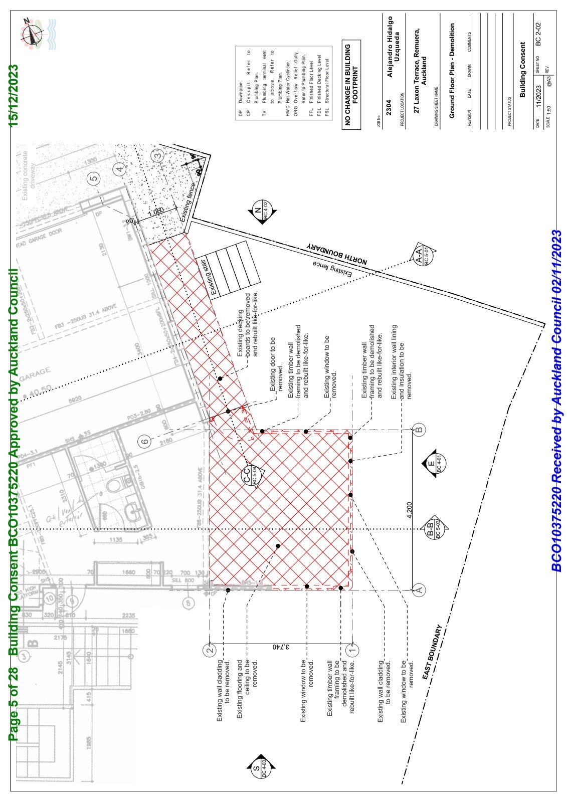 Ground Floor Demolition Plan — BC 2-02 showing elements to be removed and rebuilt