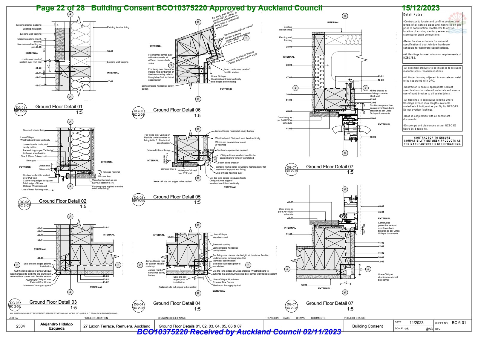Ground Floor Details — BC 6-01 showing window, door, and cladding junction details at 1:5 scale