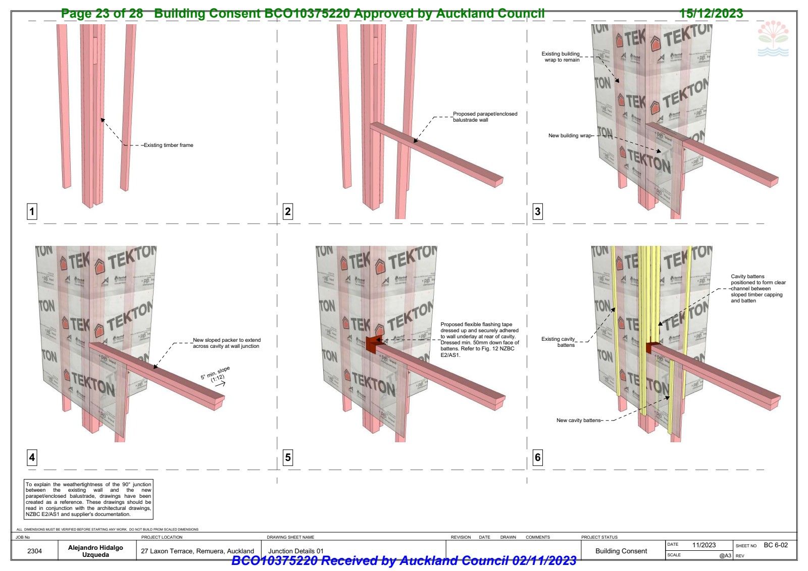 Junction Details 01 — BC 6-02 showing parapet-to-wall weathertightness junction
