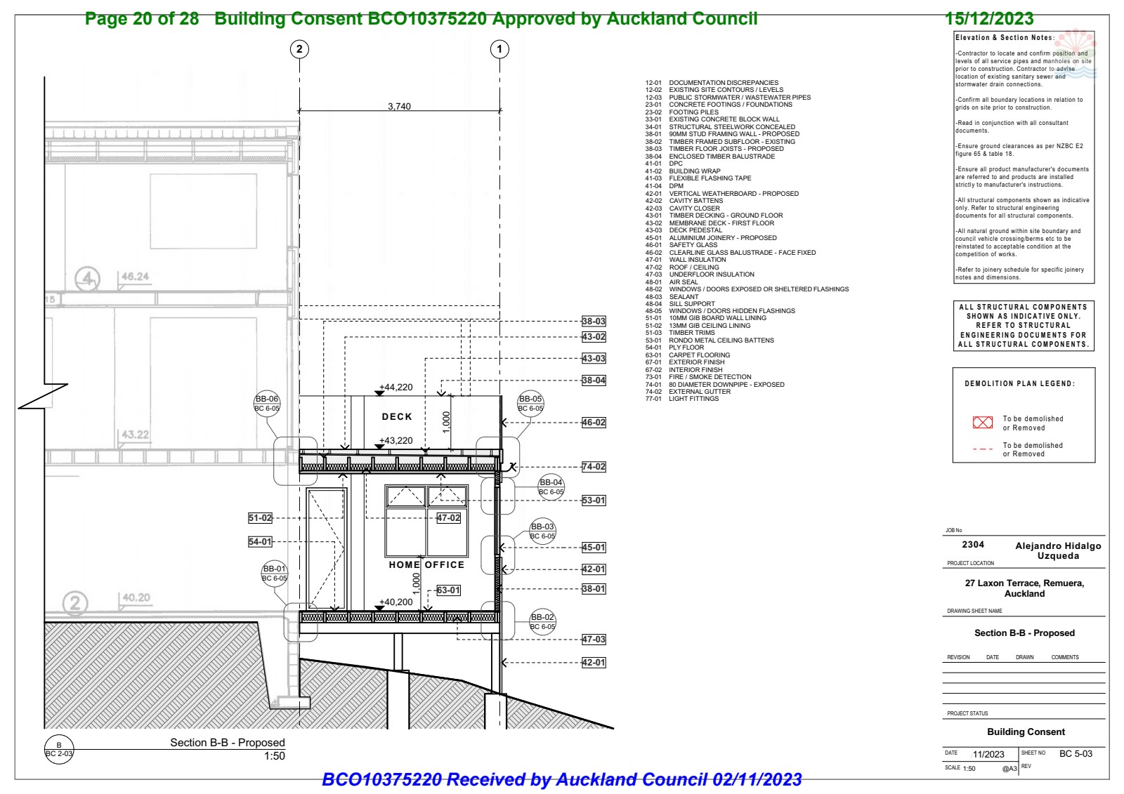 Section B-B Proposed — showing deck membrane, framing, insulation, and cladding build-up