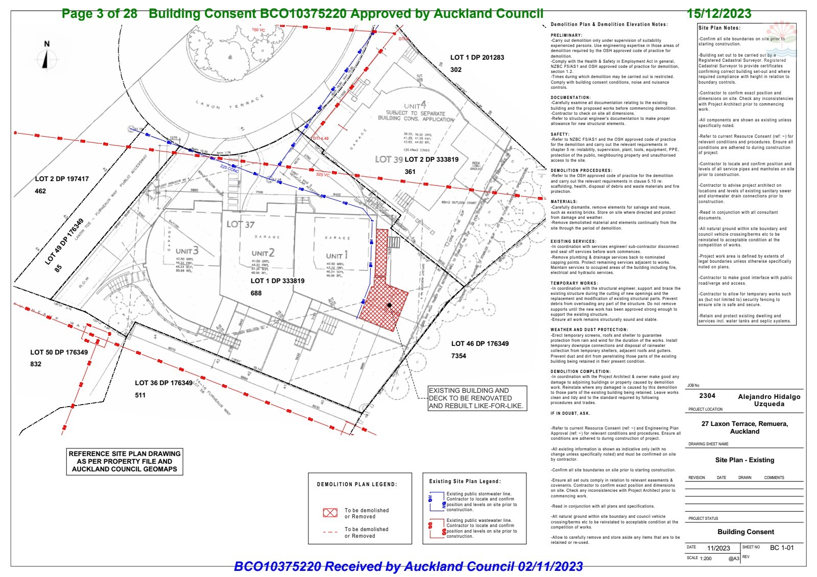 Site Plan Existing — BC 1-01 showing building footprint with 'NO CHANGE IN BUILDING FOOTPRINT' notation