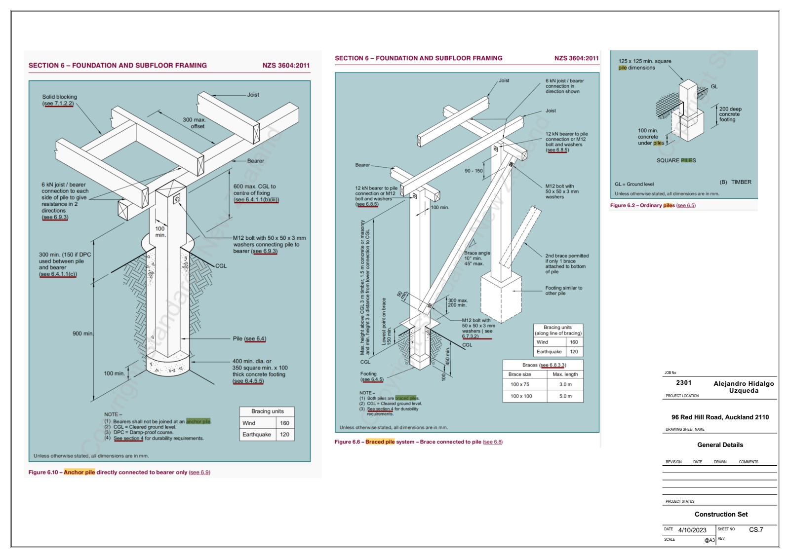 NZS 3604 braced pile diagram showing structural fixing details and bracing requirements