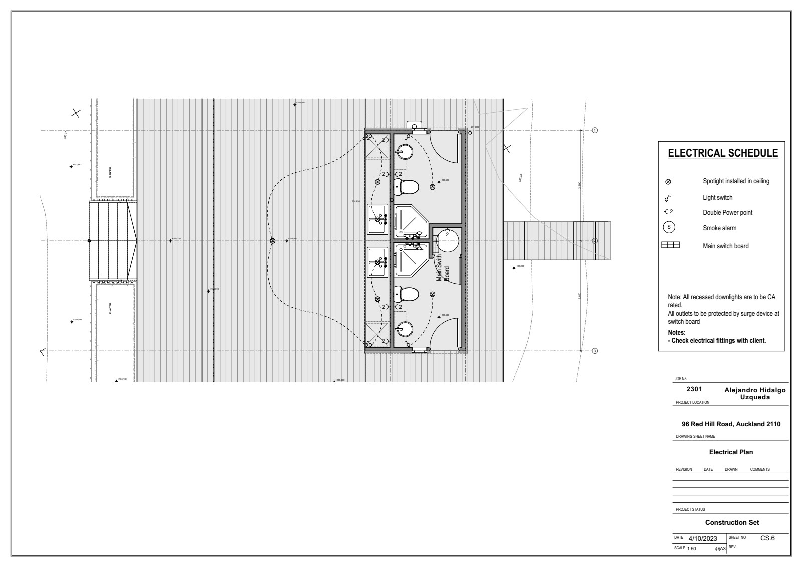 Electrical plan showing lighting, power points, smoke alarms, switchboard, and surge protection layout