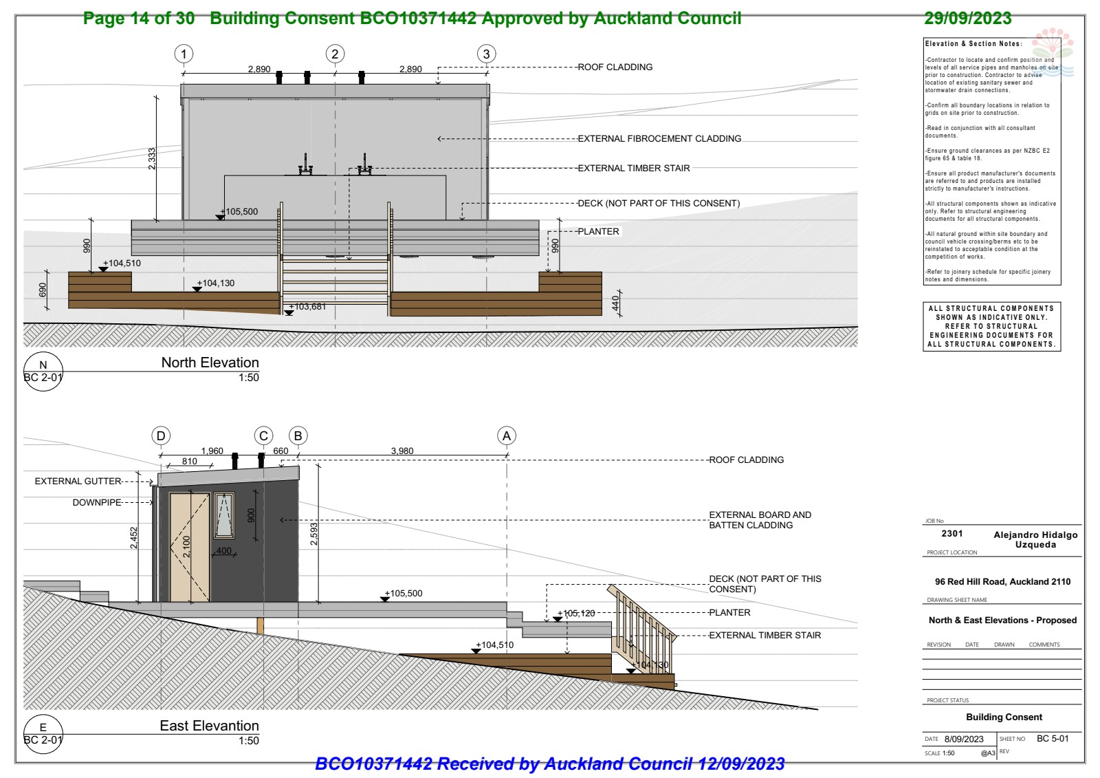 North and East elevations showing board and batten cladding, roof profile, external stairs, and deck layout