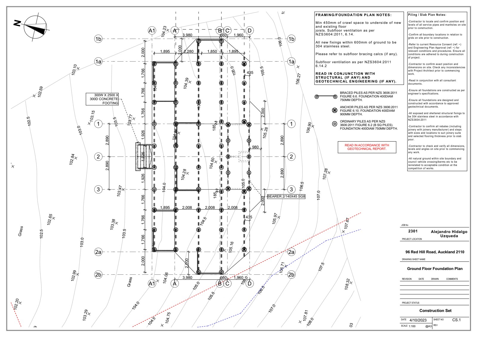 Ground floor foundation plan showing pile locations, footing sizes, and structural grid layout on sloping site