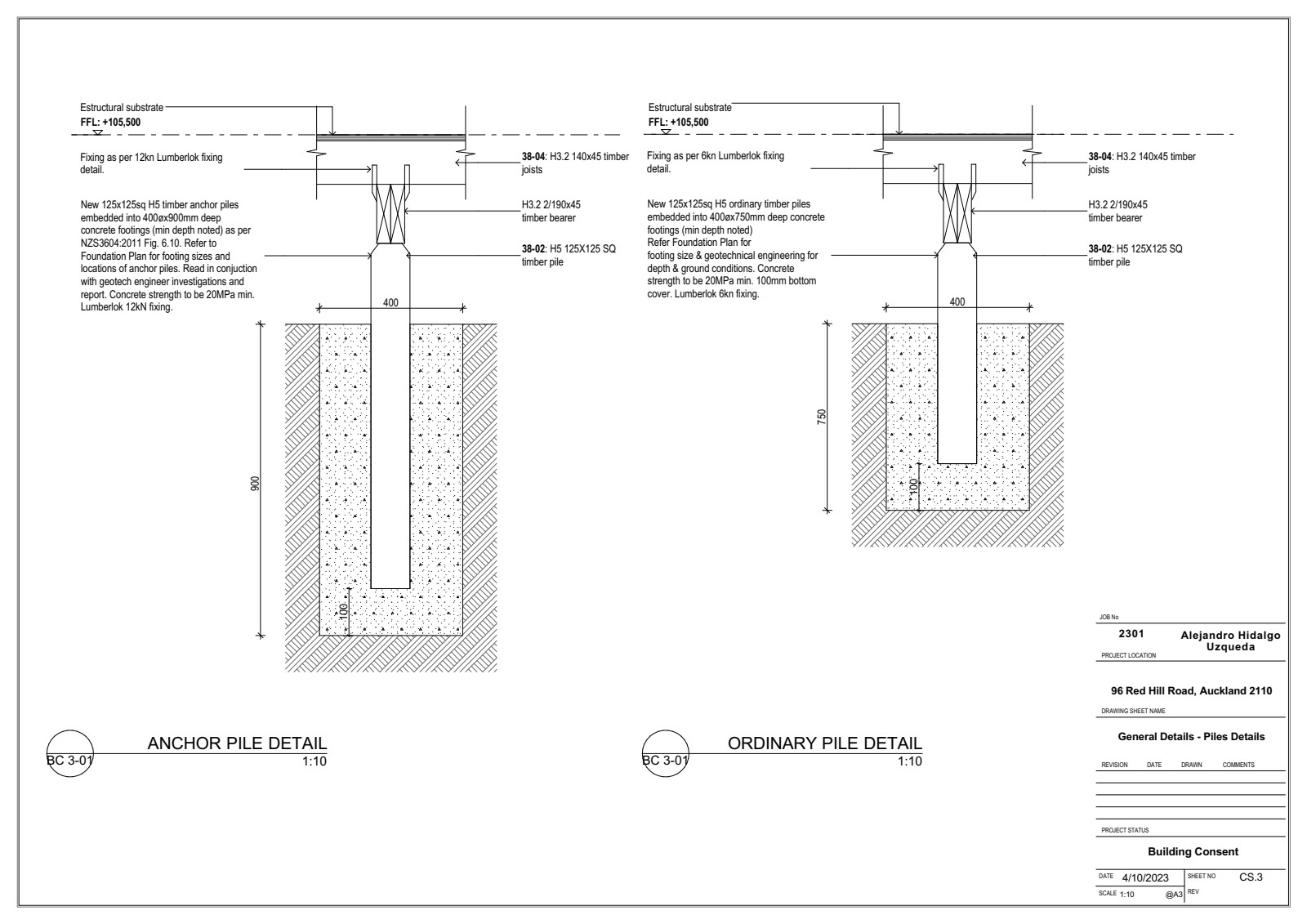 Anchor pile and ordinary pile detail showing embedment depths, footing dimensions, and fixing specifications