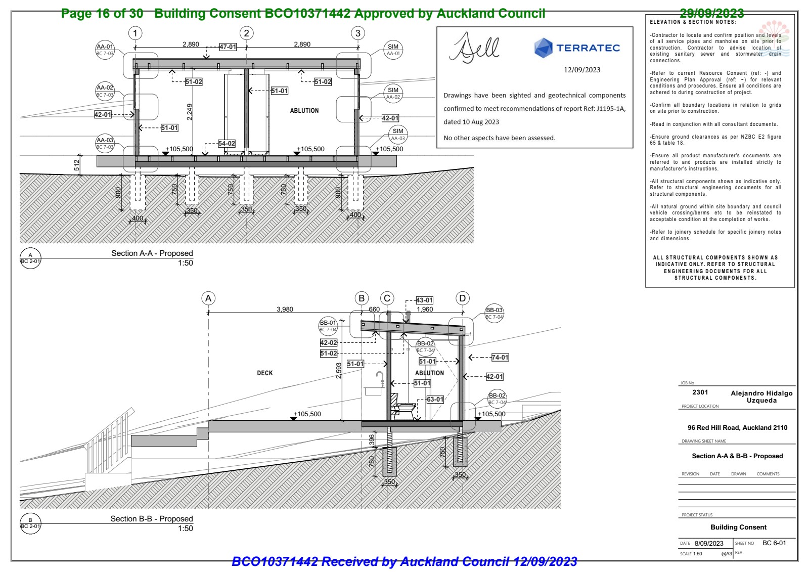 Building sections A-A and B-B showing structural framing, pile depths, floor levels, and roof construction