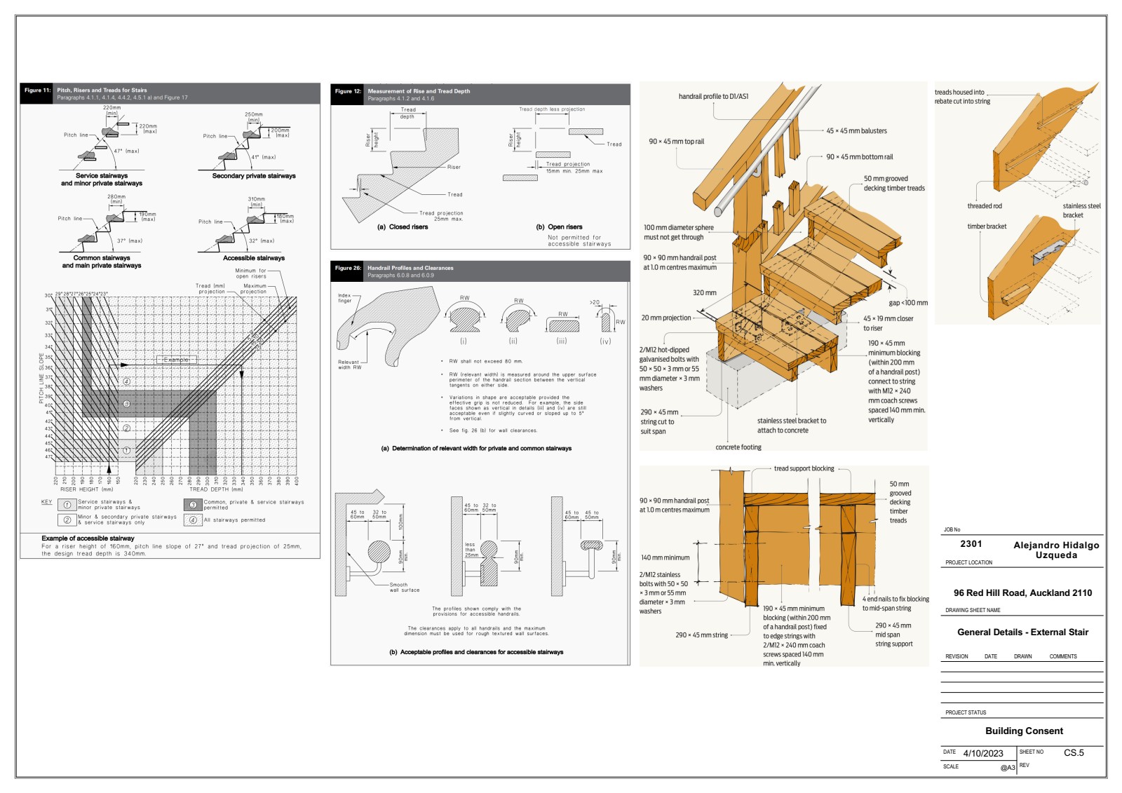 External stair details showing rise, going, handrail profile, baluster spacing, and fixing requirements