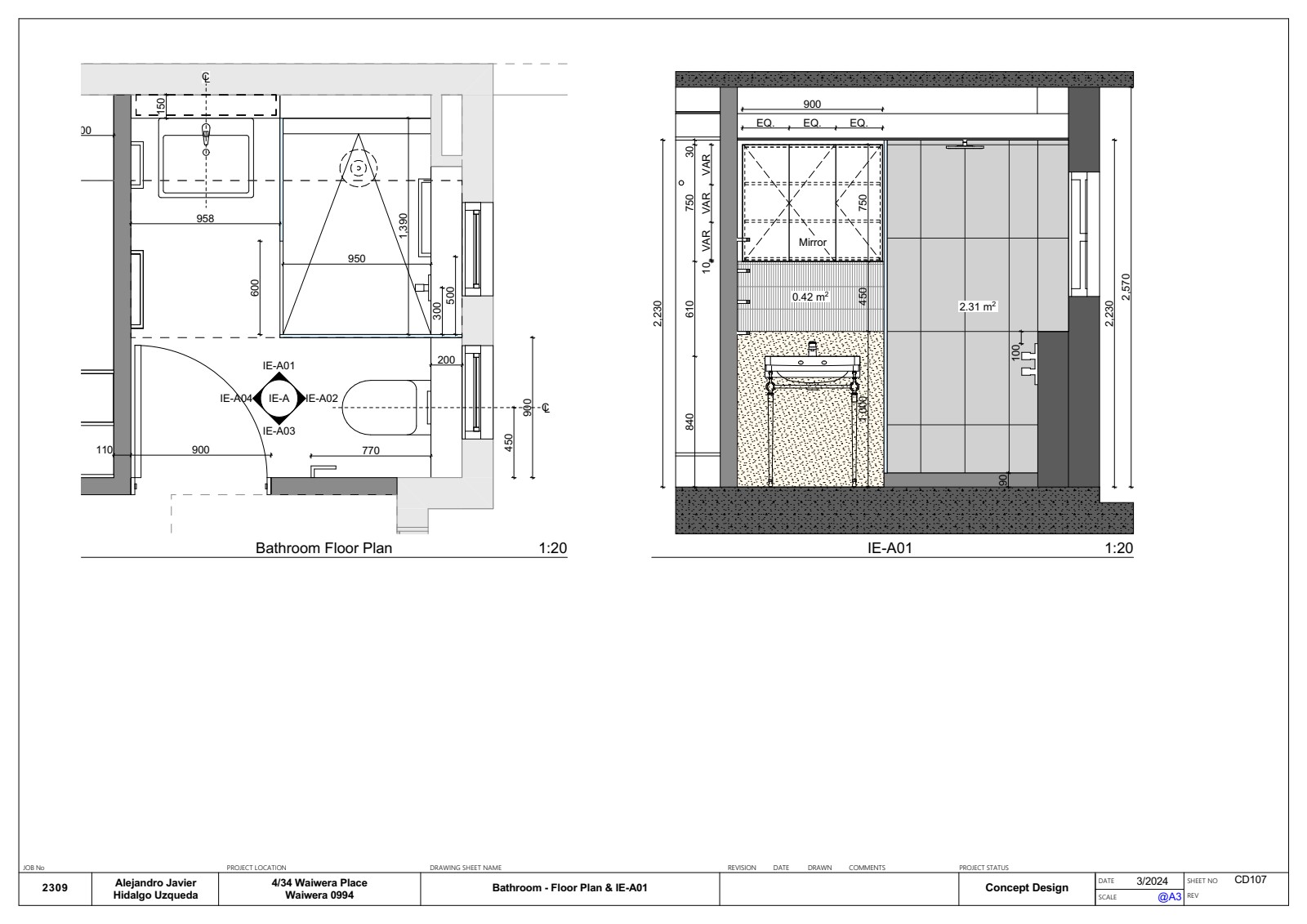 Bathroom floor plan with dimensions, fixture layout, and interior elevation references