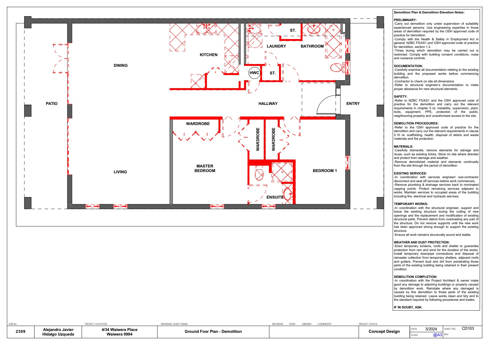 Demolition plan showing walls and elements to be removed for spatial reconfiguration