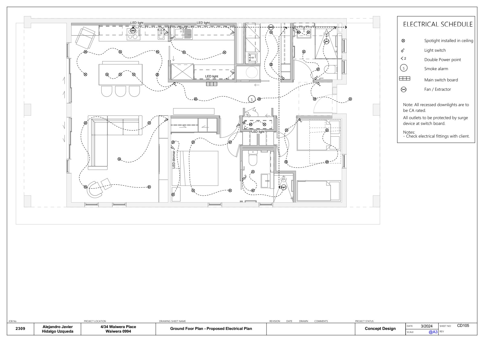 Proposed electrical plan showing lighting layout, power points, and ventilation coordination