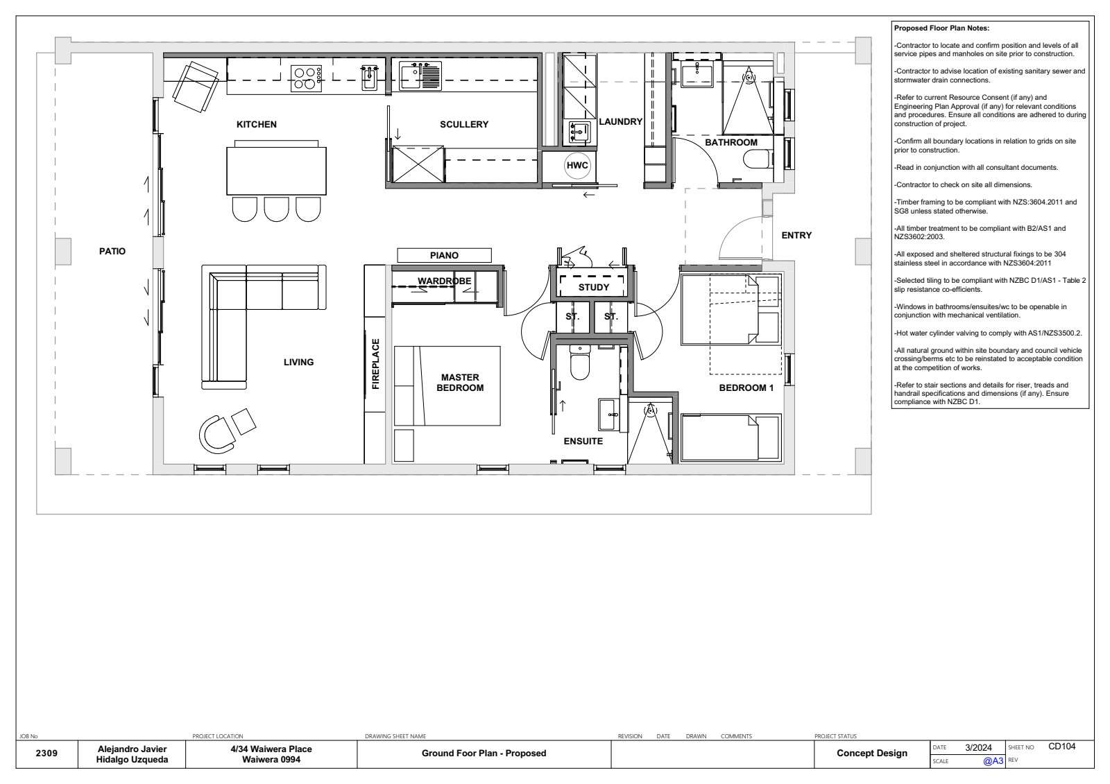 Proposed ground floor plan showing reconfigured rooms, improved circulation, and new layout