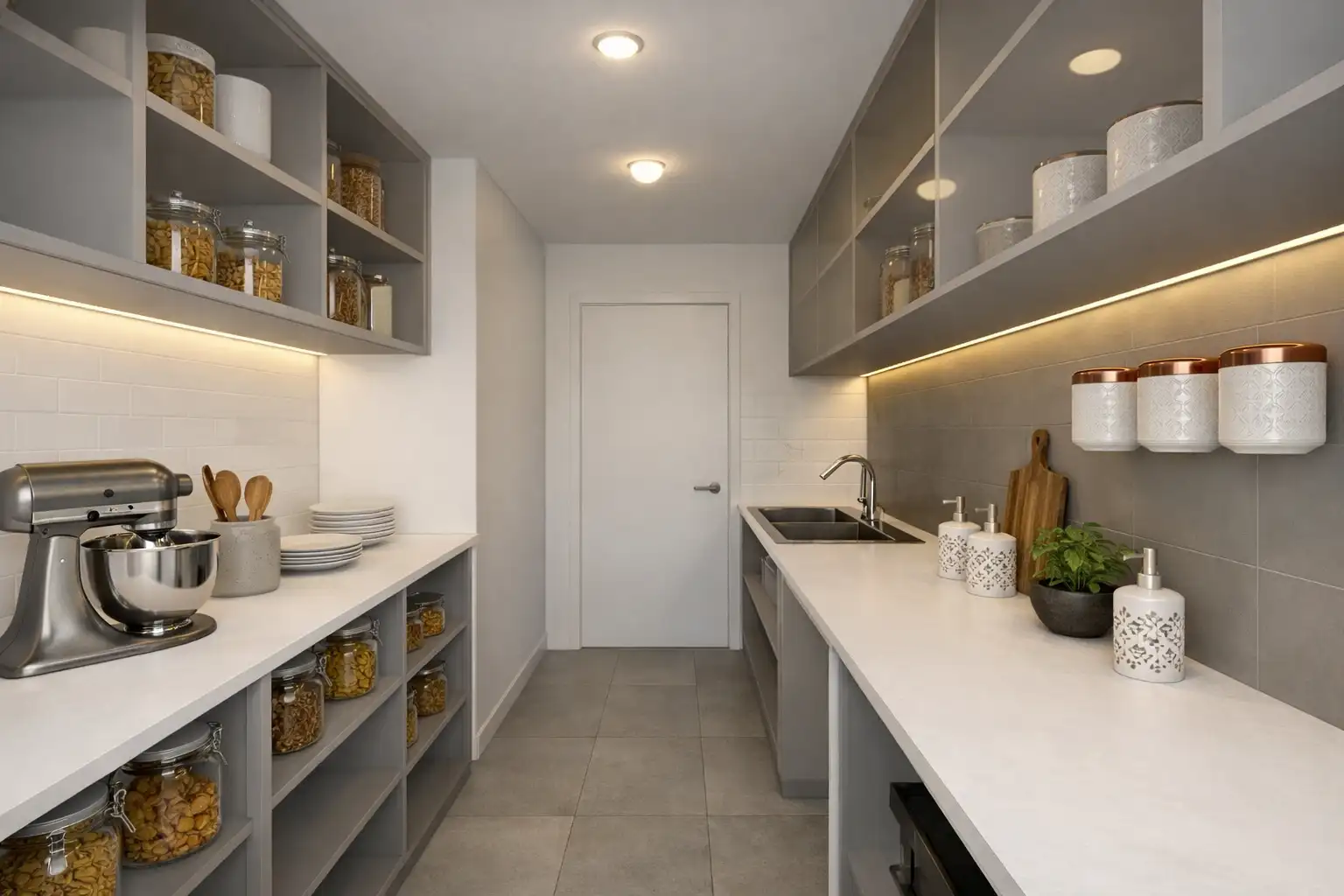 Renovated scullery and laundry area with modern cabinetry and efficient storage